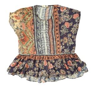LOGO by Lori Goldstein boho mixed print floral sheer peplum v neck top Size S